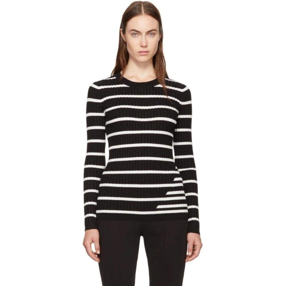 T by Alexander Wang Abstract Striped Ribbed Knit Sweater Black White Small